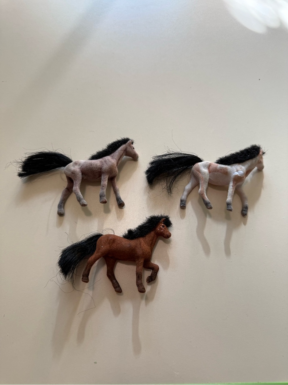 3 Vintage Flocked Horses Pony Felt Fuzzy Miniature Black Brown Toys